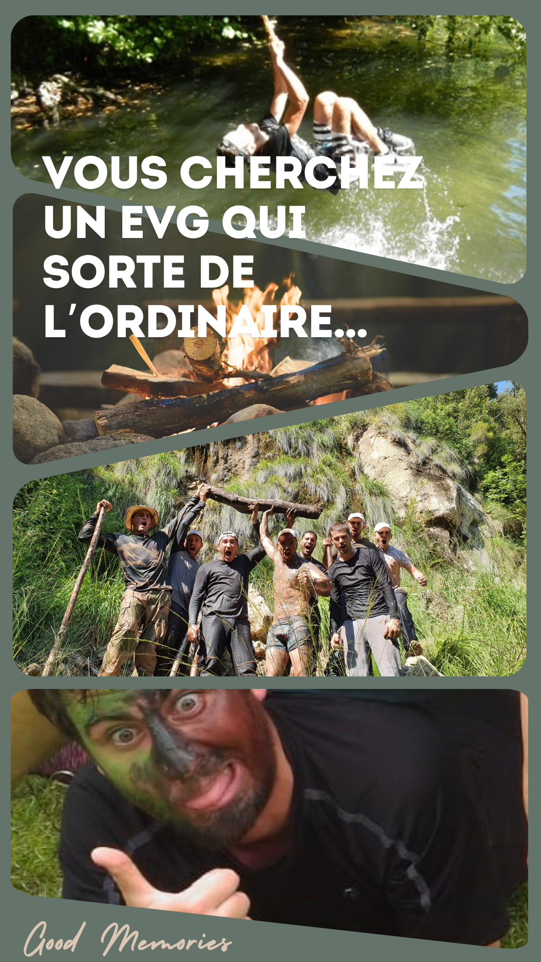 Evg bootcamp marié avec ses amis  qui font des activités dans la nature et bivouac